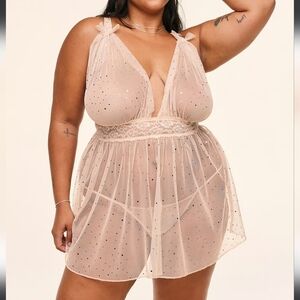 Adore Me Novah Babydoll set BNWT XL Sheer Cream tan gold sparkles